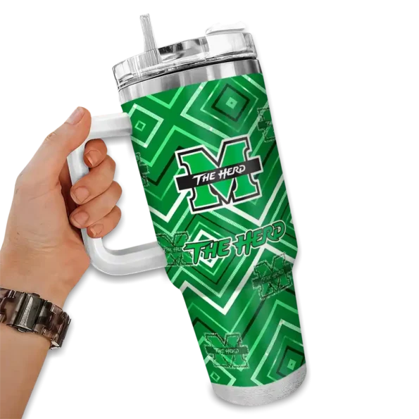 personalized marshall thundering herd bold diamonds green curved tumbler fashion forward.webp
