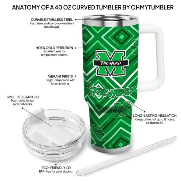 personalized marshall thundering herd bold diamonds green curved tumbler new arrival.webp