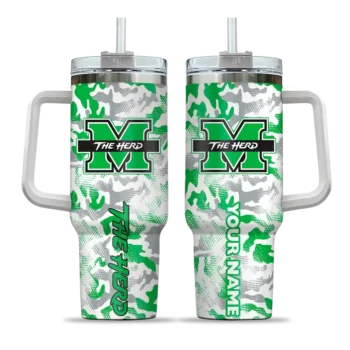 personalized marshall thundering herd camo mashup green white curved tumbler best selling.webp