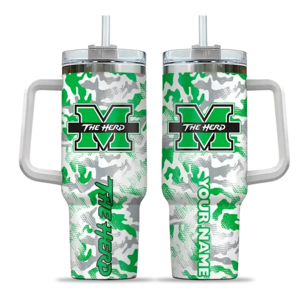 personalized marshall thundering herd camo mashup green white curved tumbler best selling.webp
