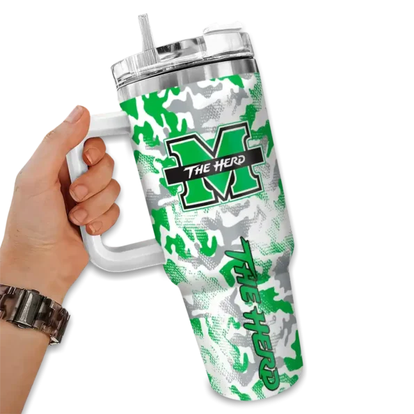personalized marshall thundering herd camo mashup green white curved tumbler fashion forward.webp