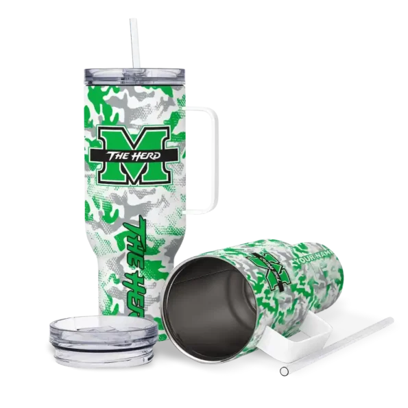 personalized marshall thundering herd camo mashup green white curved tumbler high quality.webp