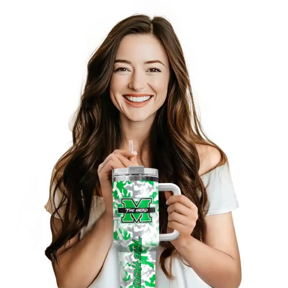 personalized marshall thundering herd camo mashup green white curved tumbler premium grade.webp