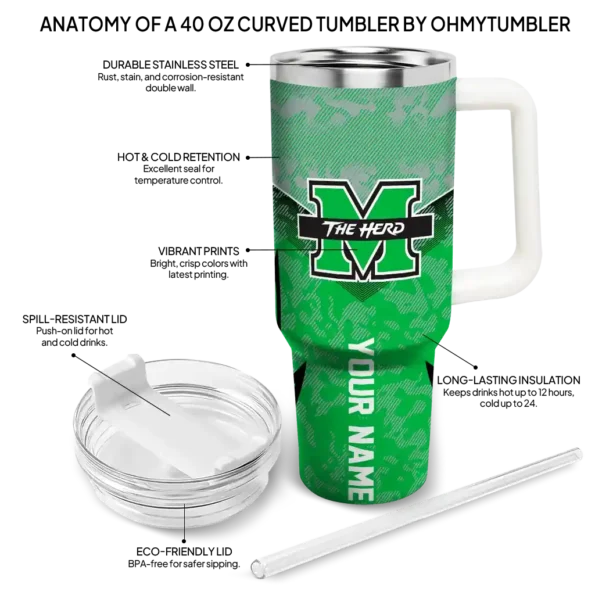 personalized marshall thundering herd chevron stripe green curved tumbler new arrival.webp