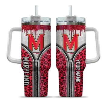 personalized maryland terrapins leopard zipper red curved tumbler best selling.webp