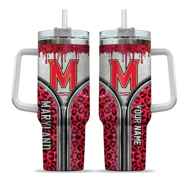 personalized maryland terrapins leopard zipper red curved tumbler best selling.webp