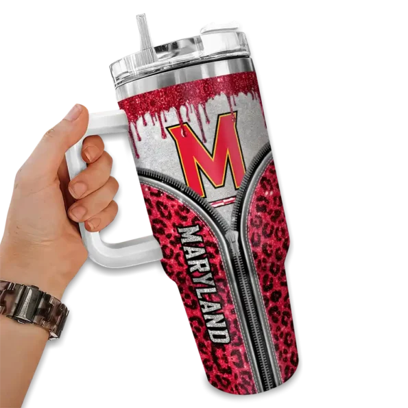 personalized maryland terrapins leopard zipper red curved tumbler fashion forward.webp