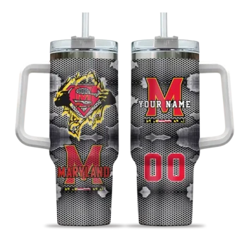 personalized maryland terrapins superman shield red gray curved tumbler best selling.webp