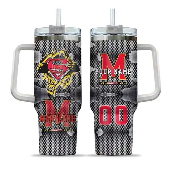 personalized maryland terrapins superman shield red gray curved tumbler best selling.webp
