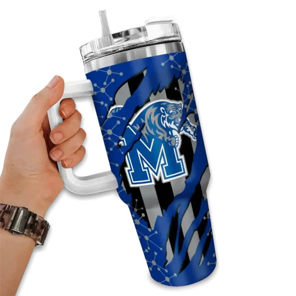 personalized memphis tigers claw cut blue black curved tumbler fashion forward.webp
