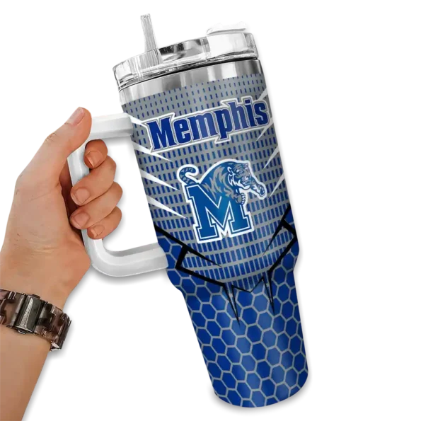 personalized memphis tigers hex texture blue curved tumbler fashion forward.webp