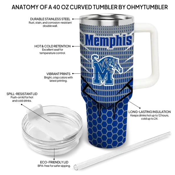personalized memphis tigers hex texture blue curved tumbler new arrival.webp