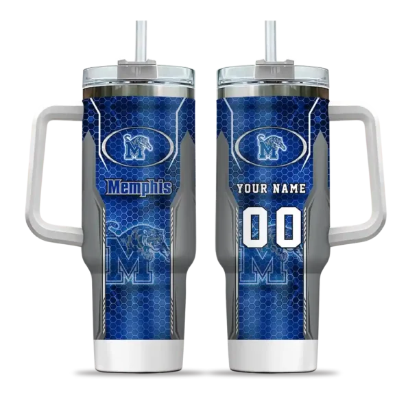 personalized memphis tigers hexagon armor blue curved tumbler best selling.webp