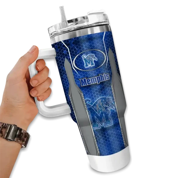 personalized memphis tigers hexagon armor blue curved tumbler fashion forward.webp