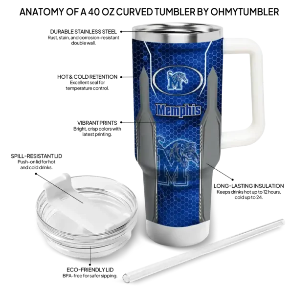 personalized memphis tigers hexagon armor blue curved tumbler new arrival.webp