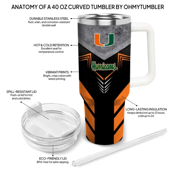 personalized miami hurricanes arrow armor orange black curved tumbler new arrival.webp
