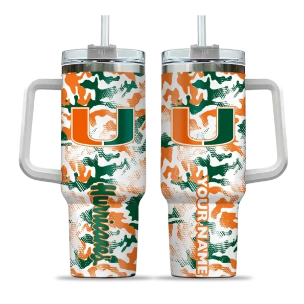 personalized miami hurricanes camo mashup orange white curved tumbler best selling.webp