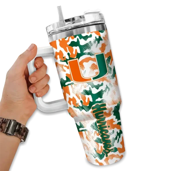personalized miami hurricanes camo mashup orange white curved tumbler fashion forward.webp