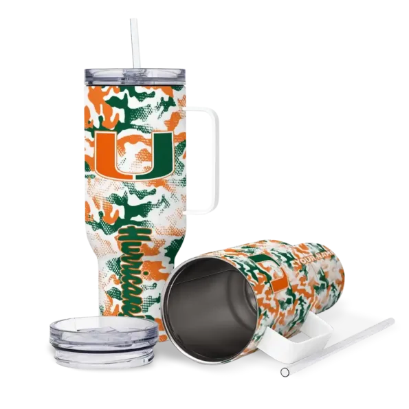 personalized miami hurricanes camo mashup orange white curved tumbler high quality.webp