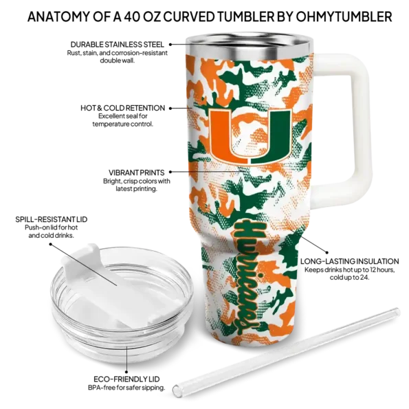 personalized miami hurricanes camo mashup orange white curved tumbler new arrival.webp
