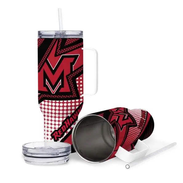 personalized miami redhawks arrow burst red curved tumbler high quality.webp