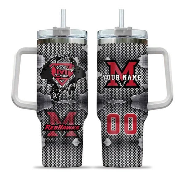personalized miami redhawks superman shield red gray curved tumbler best selling.webp
