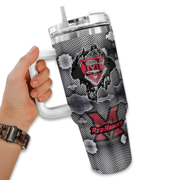 personalized miami redhawks superman shield red gray curved tumbler fashion forward.webp