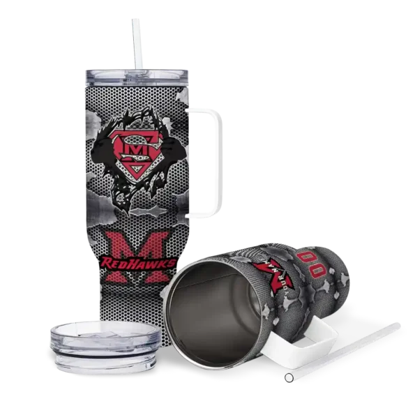 personalized miami redhawks superman shield red gray curved tumbler high quality.webp