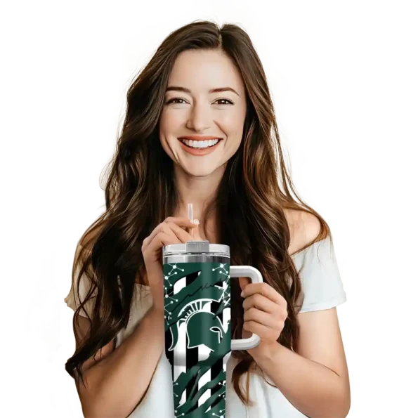 personalized michigan state spartans claw cut green black curved tumbler premium grade.webp