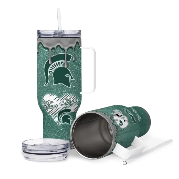 personalized michigan state spartans heart helmet motif green curved tumbler high quality.webp