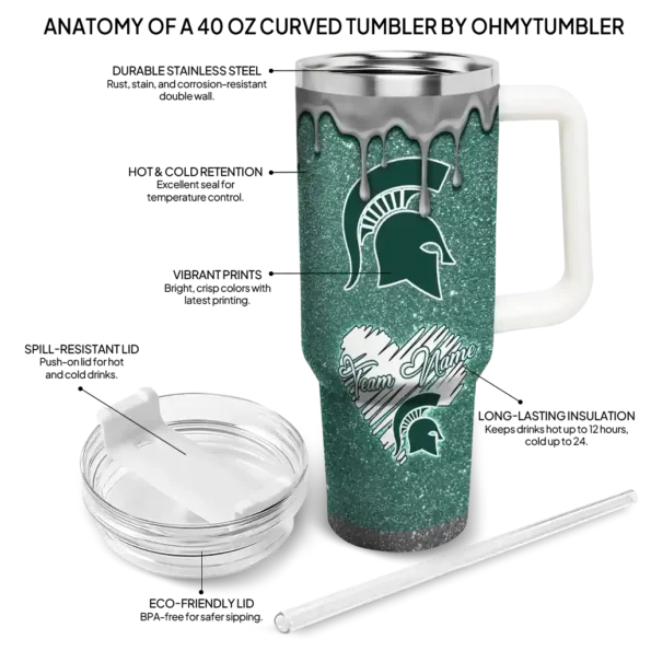 personalized michigan state spartans heart helmet motif green curved tumbler new arrival.webp