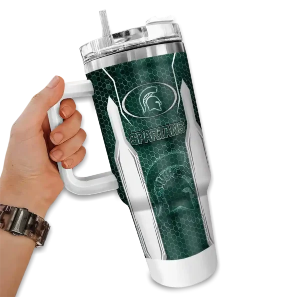 personalized michigan state spartans hexagon armor green curved tumbler fashion forward.webp
