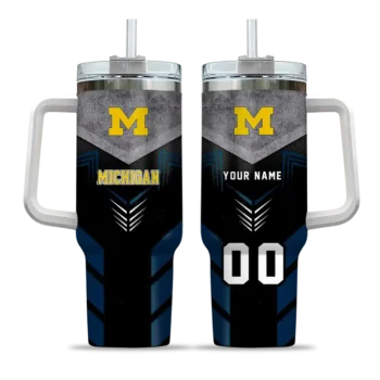 personalized michigan wolverines arrow armor blue black curved tumbler best selling.webp