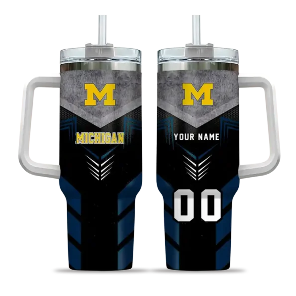 personalized michigan wolverines arrow armor blue black curved tumbler best selling.webp