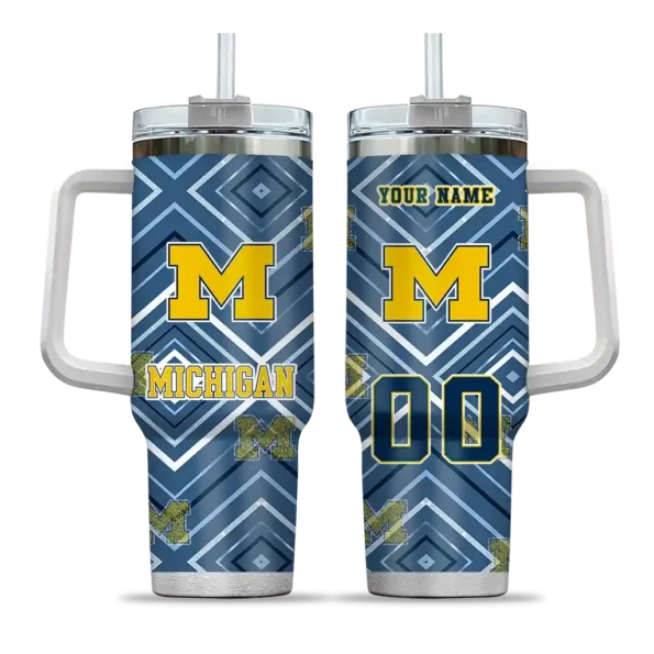 personalized michigan wolverines bold diamonds blue curved tumbler best selling.webp