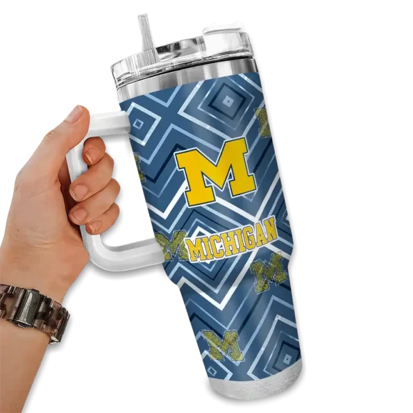 personalized michigan wolverines bold diamonds blue curved tumbler fashion forward.webp