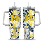 personalized michigan wolverines camo mashup blue white curved tumbler best selling.webp