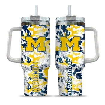 personalized michigan wolverines camo mashup blue white curved tumbler best selling.webp
