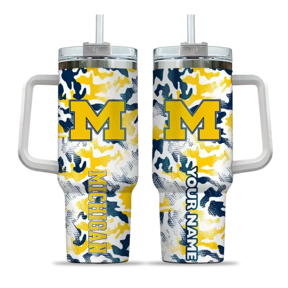 personalized michigan wolverines camo mashup blue white curved tumbler best selling.webp