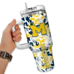 personalized michigan wolverines camo mashup blue white curved tumbler best selling.webp