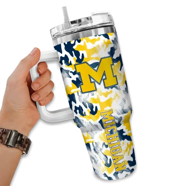 personalized michigan wolverines camo mashup blue white curved tumbler fashion forward.webp