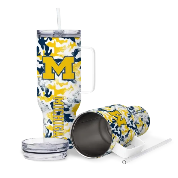 personalized michigan wolverines camo mashup blue white curved tumbler high quality.webp