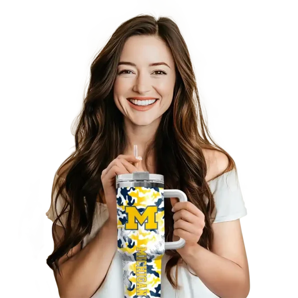 personalized michigan wolverines camo mashup blue white curved tumbler premium grade.webp