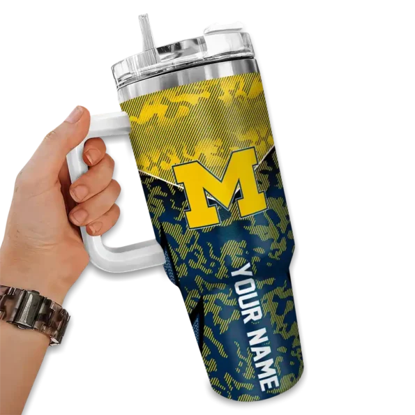 personalized michigan wolverines chevron stripe blue curved tumbler fashion forward.webp