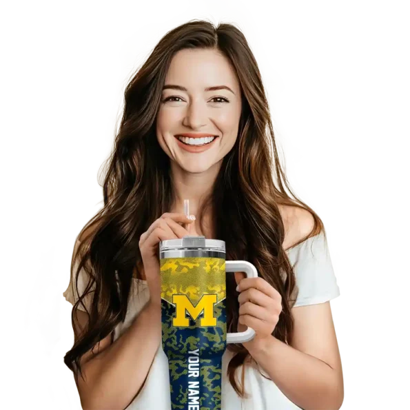 personalized michigan wolverines chevron stripe blue curved tumbler premium grade.webp