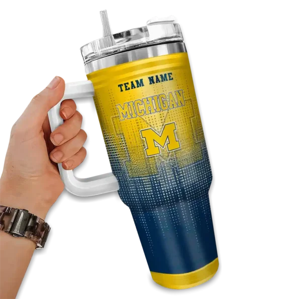 personalized michigan wolverines gradient dots blue curved tumbler fashion forward.webp