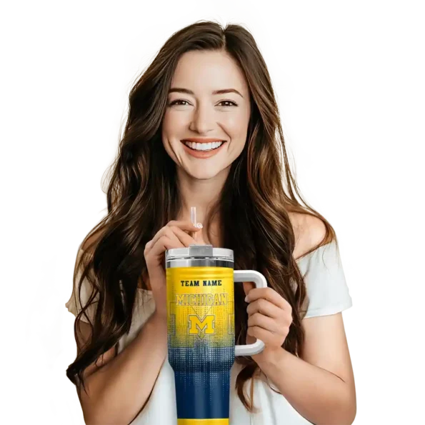 personalized michigan wolverines gradient dots blue curved tumbler premium grade.webp