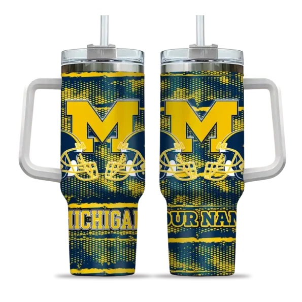 personalized michigan wolverines honey streaks blue curved tumbler best selling.webp