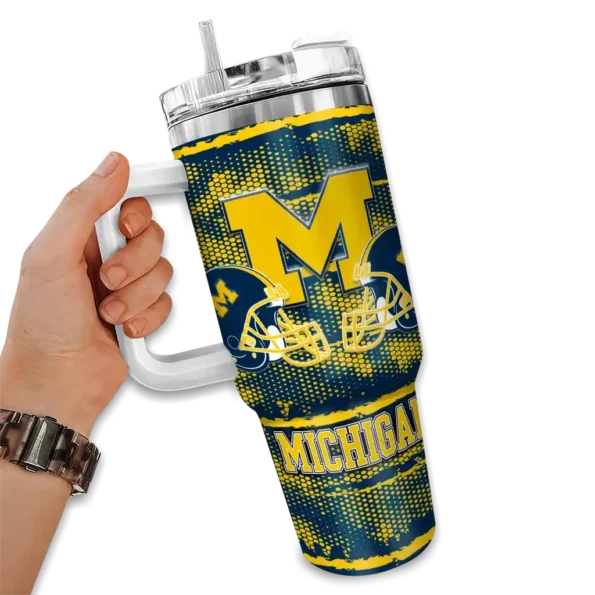 personalized michigan wolverines honey streaks blue curved tumbler fashion forward.webp