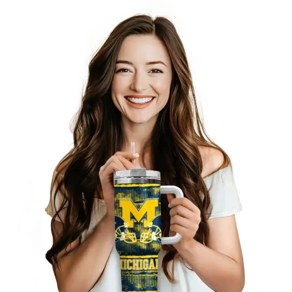 personalized michigan wolverines honey streaks blue curved tumbler premium grade.webp